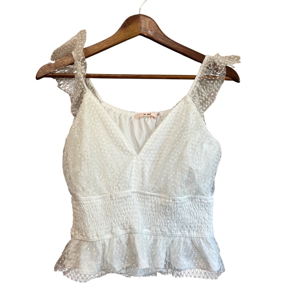 Mi Ami Swiss Dot Crop Top Womens Small White Excellent Ruffle Smocked Peplum